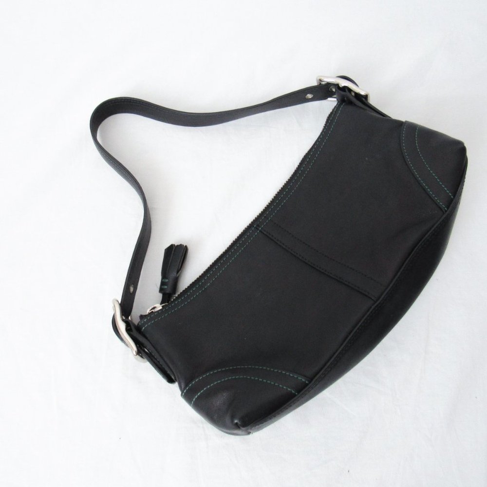 VINTAGE 90S COACH Leather Satchel Mini /Black W/ Green Stitching Chic & Sleek~ - Picture 11 of 11